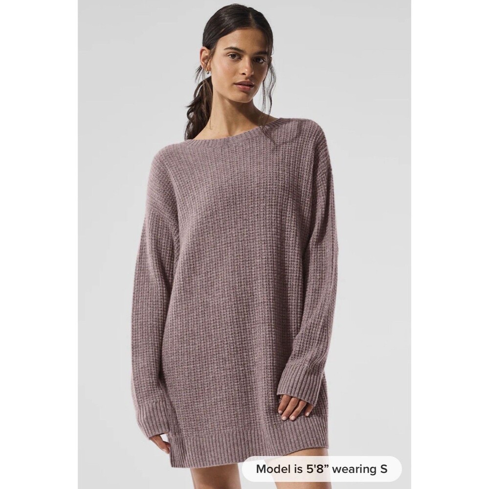 Alo Yoga 100% Cashmere Plush Oversized Waffle Dress Scoop Neck Size M Mushroom